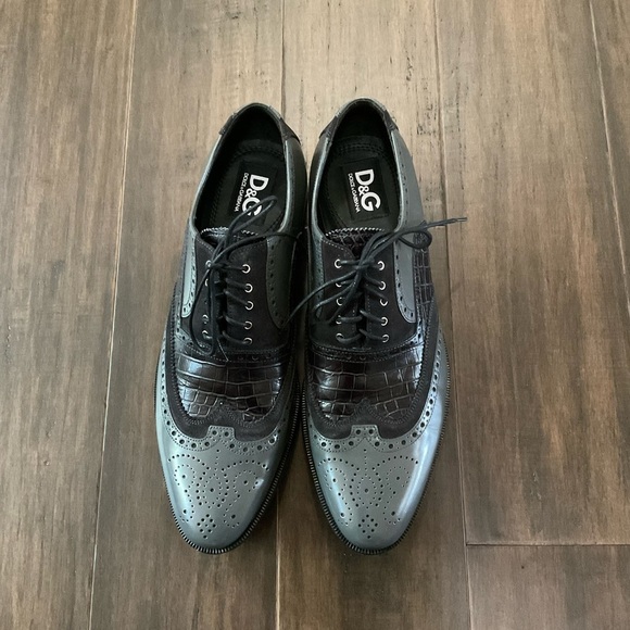 DOLCE & GABBANA Men Black Gray Wingtip Leather Dress Shoes Size 42.5 US 9.5 - Picture 1 of 6